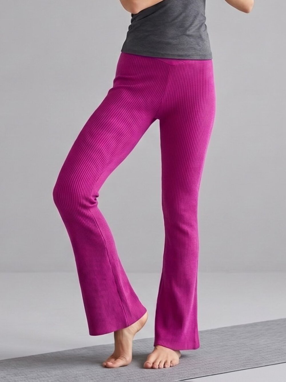 Pink Rose Rayon Flared Ribbed Yoga Pants